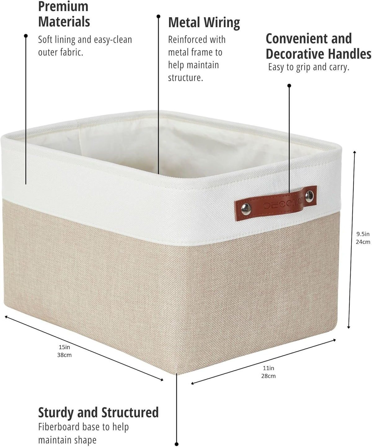 DECOMOMO Storage Bins, Large Fabric Storage Baskets for Shelves, Decorative Linen Closet Organizer, 15 x 11 x 9.5 inches (Beige & White, 3 Pack)