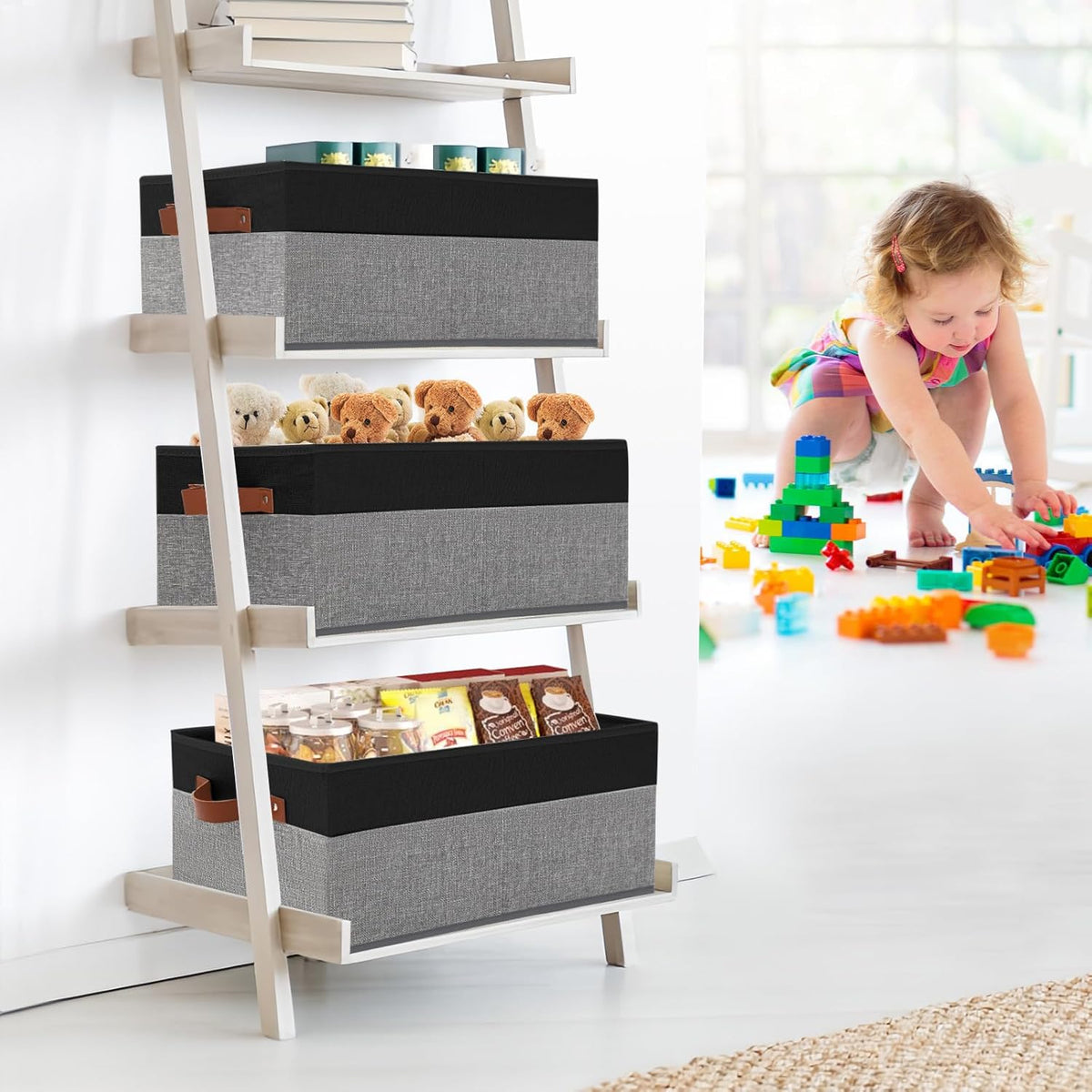 Large Capacity Storage Bins Closet Organizer for Shelves, Fabric Closet Storage Baskets Boxes with Leather Handles for Organizing Clothes, Sheets, Jeans, Toys, Books (Grey)