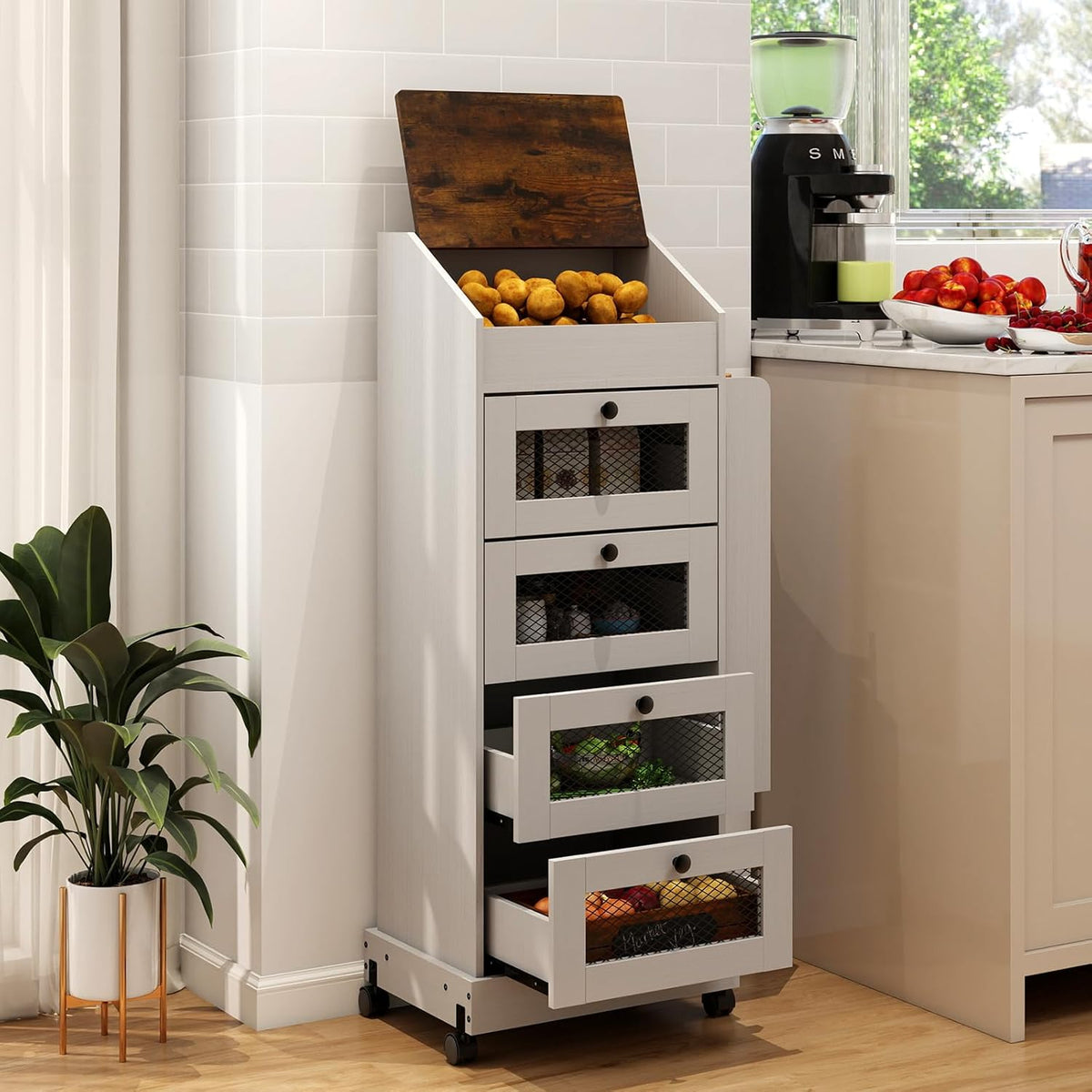 ARTETHYS Potato and Onion Storage Bin for Pantry 5-Tier Rolling Fruit and Vegetable Organizer with Spice Rack on Wheels Movable Large Bread Box Cabinet with 4 Ventilated Drawers for Kitchen, Rustic
