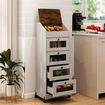 ARTETHYS Potato and Onion Storage Bin for Pantry 5-Tier Rolling Fruit and Vegetable Organizer with Spice Rack on Wheels Movable Large Bread Box Cabinet with 4 Ventilated Drawers for Kitchen, Rustic