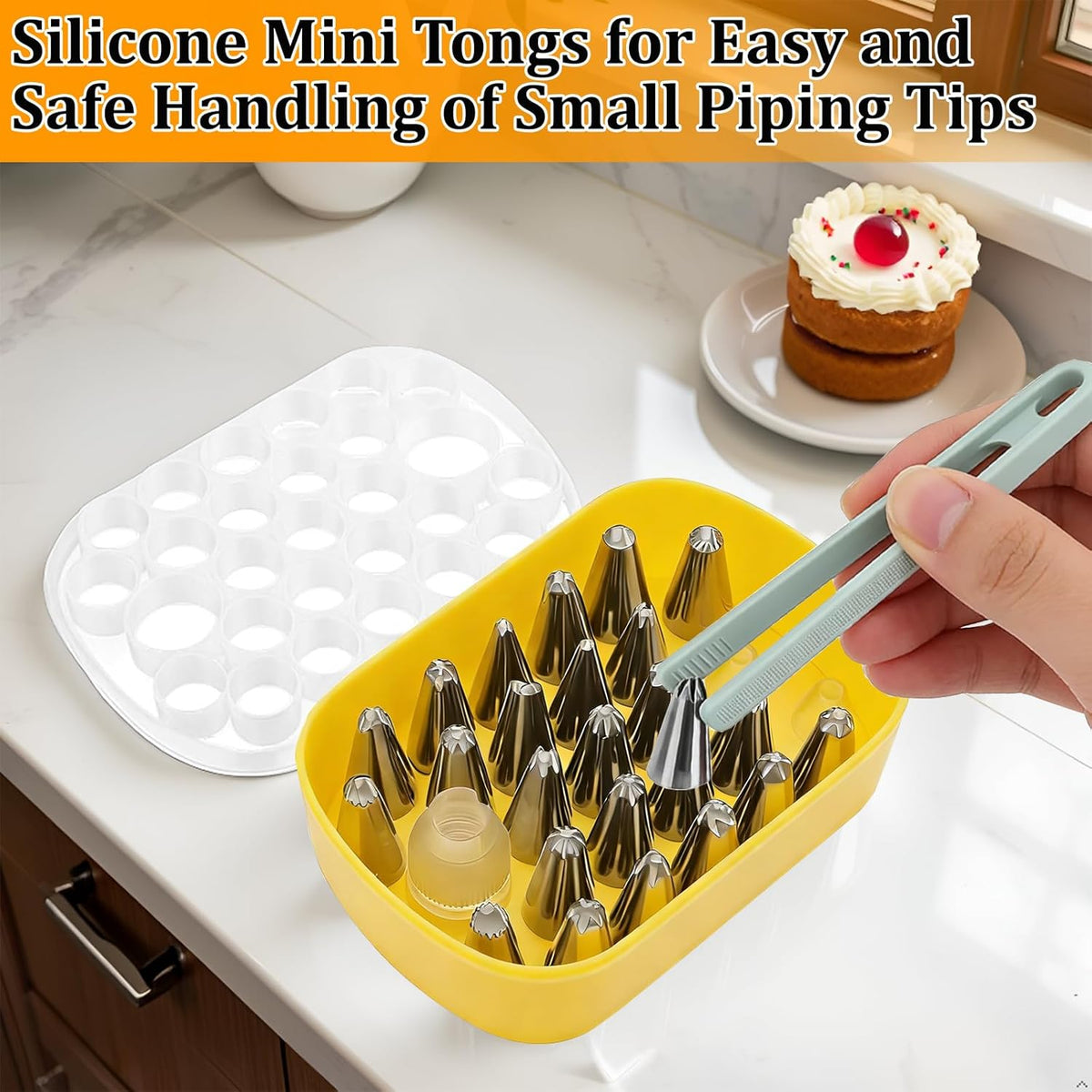 Cake Decorating Supplies Set - 27 Grids Storage Box with 25 Stainless Steel Piping Tips, 2 Adapters & Silicone Mini Tongs | Complete Baking Nozzle Organizer Kit