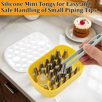 Cake Decorating Supplies Set - 27 Grids Storage Box with 25 Stainless Steel Piping Tips, 2 Adapters & Silicone Mini Tongs | Complete Baking Nozzle Organizer Kit