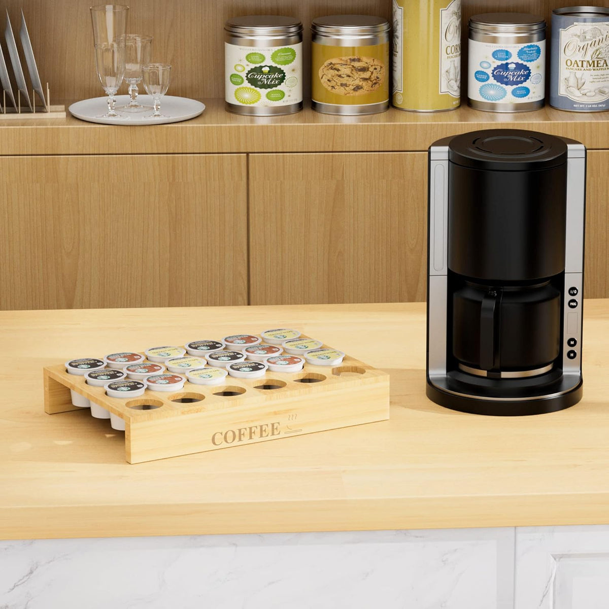 MinBoo BamBoo k cup holder Drawer or Countertop k cup Organizer Coffee Pod Holder Hold 35 Coffee Pod Storage Kcup coffee pods holder for coffee station Office and Kitchen k cup storage