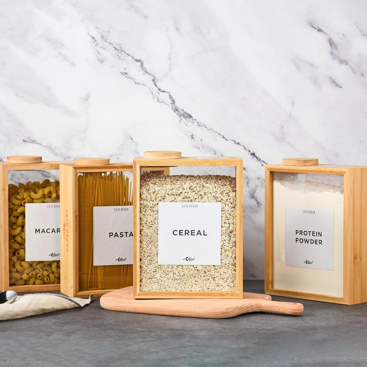 Bamboo Kitchen Cereal Containers Storage Dispenser, 3 Liter Airtight Pantry Organizers with Lid, Home Organization for Cereal, Rice, Flour, Snack, Candy Storage-1 sponge cleaning brush