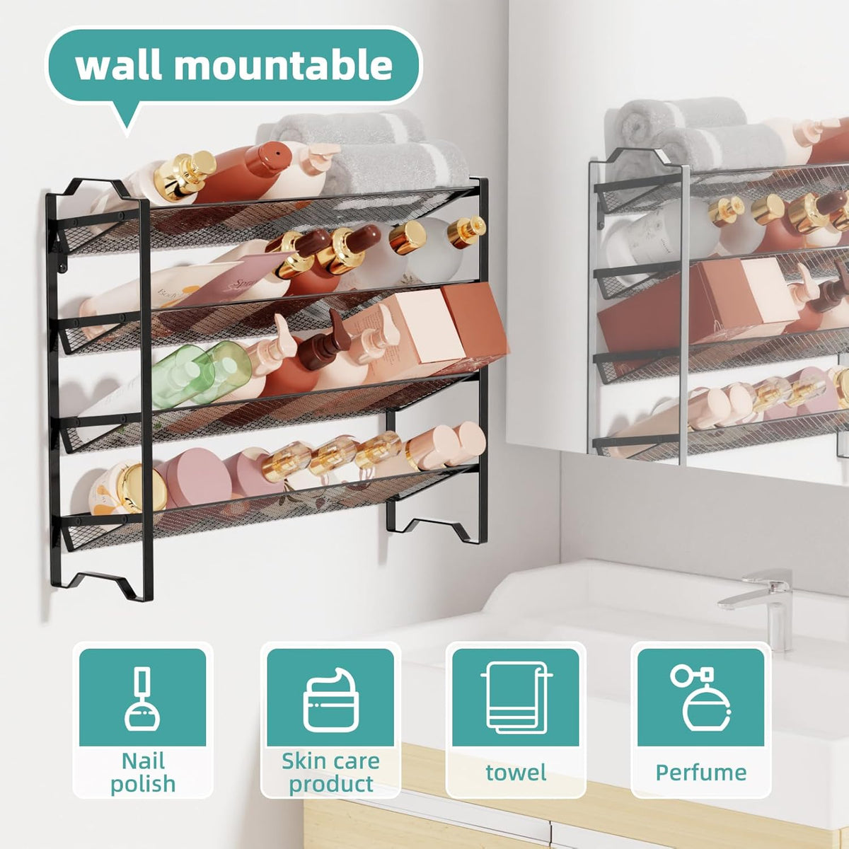 Simple Trending 4 Tier Spice Rack Organizer,Stackable Kitchen Counter Shelves,for Cabinet,Countertop,Pantry, Door or Wall Mount, Metal Mesh,Jars not Included, Black