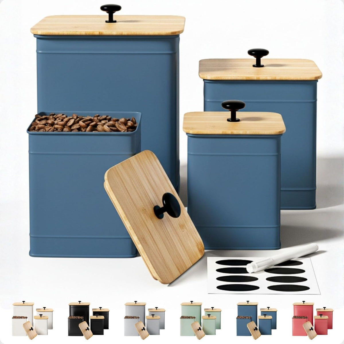 Kitchen Canisters for Countertop Set of 4 with Customizable Chalkboard Labels & Marker Pen - Big Iron Kitchen Canisters with Airtight Lids - Black Canister Set - Flour and Sugar Containers Farmhouse