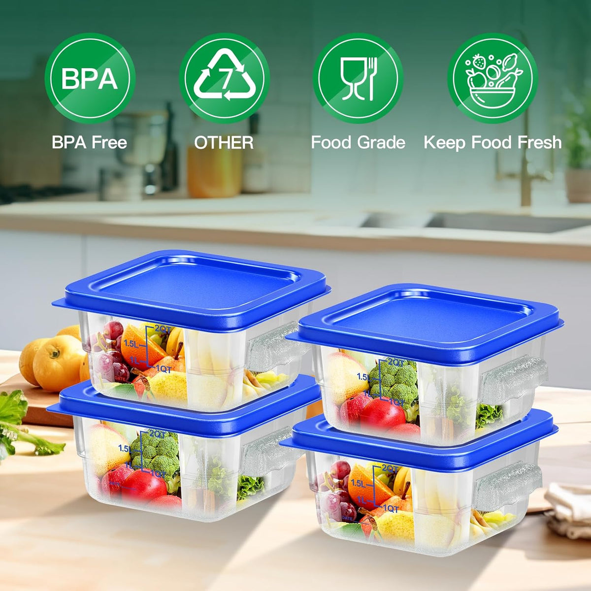 4 pcs 4qt Food Storage Containers with Lid, Square Clear Commercial Food Storage Containers with Handle and Scale for Food Storage in Home Kitchen & Dining (Green)