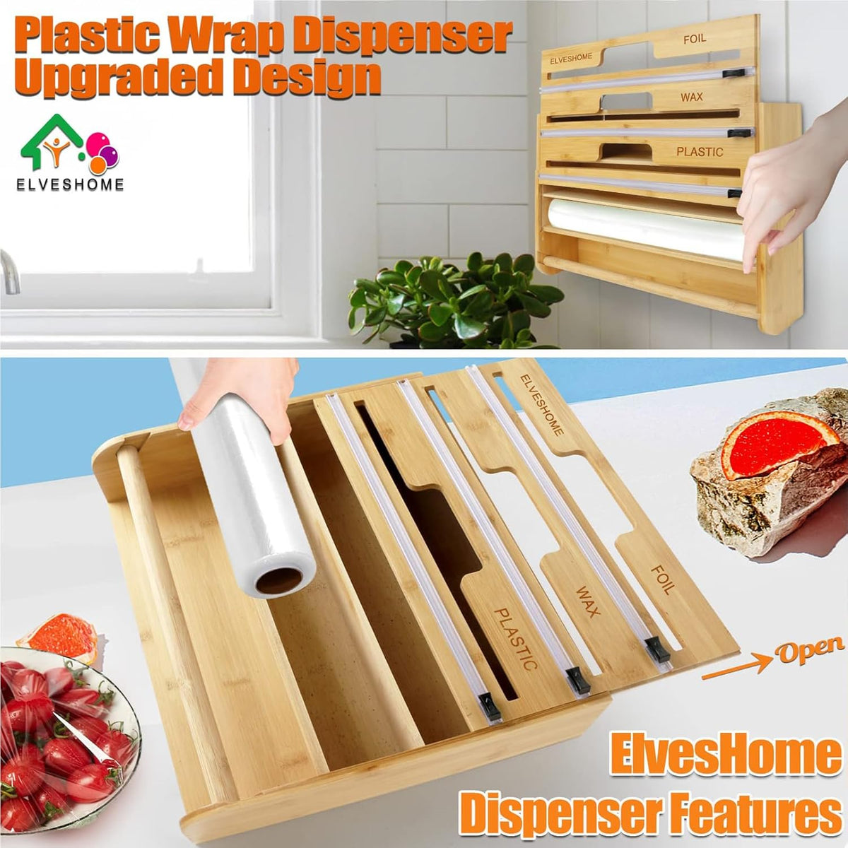 5 in 1 Foil and Plastic Wrap Organizer with Cutter, Plastic Wrap Food Dispenser with Paper Towel Holder for 12 inch Roll Wax Paper Parchment, Wall Mount Aluminum Foil Dispenser for Kitchen Storage