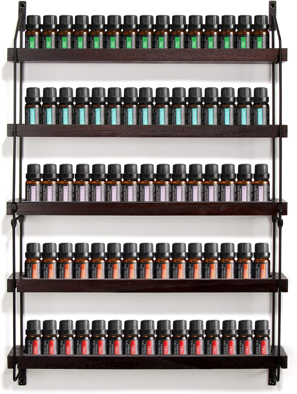 THYGIFTREE Essential Oil Storage Shelf Wall Mounted 16.9" Wooden Essential Oil Collection Display Rack Organizer 5 Tiers Holds 75 Bottles, Nail Polish Holder Paint Organizer