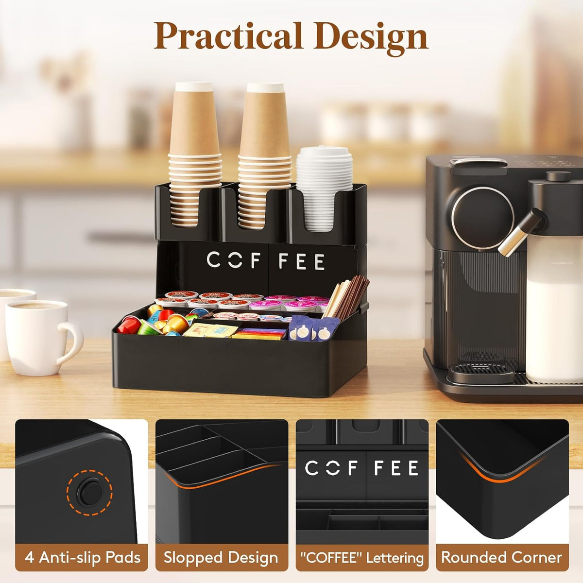 Lifewit 2-tier Coffee Station Organizer Caddy for Countertop, 10 Compartments Coffee Bar Organizers for Cups, Pods, Sugar, Compact Condiment Holders Storage for Office Breakroom Kitchen Home Black