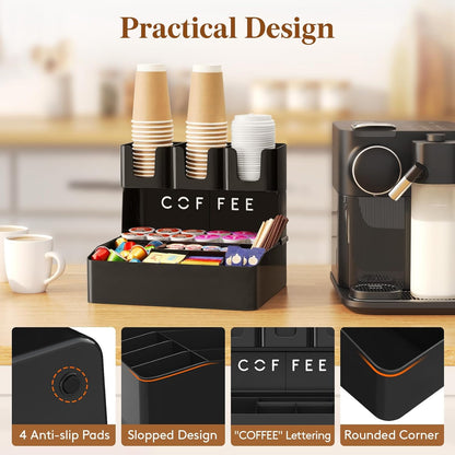 Lifewit 2-tier Coffee Station Organizer Caddy for Countertop, 10 Compartments Coffee Bar Organizers for Cups, Pods, Sugar, Compact Condiment Holders Storage for Office Breakroom Kitchen Home Black