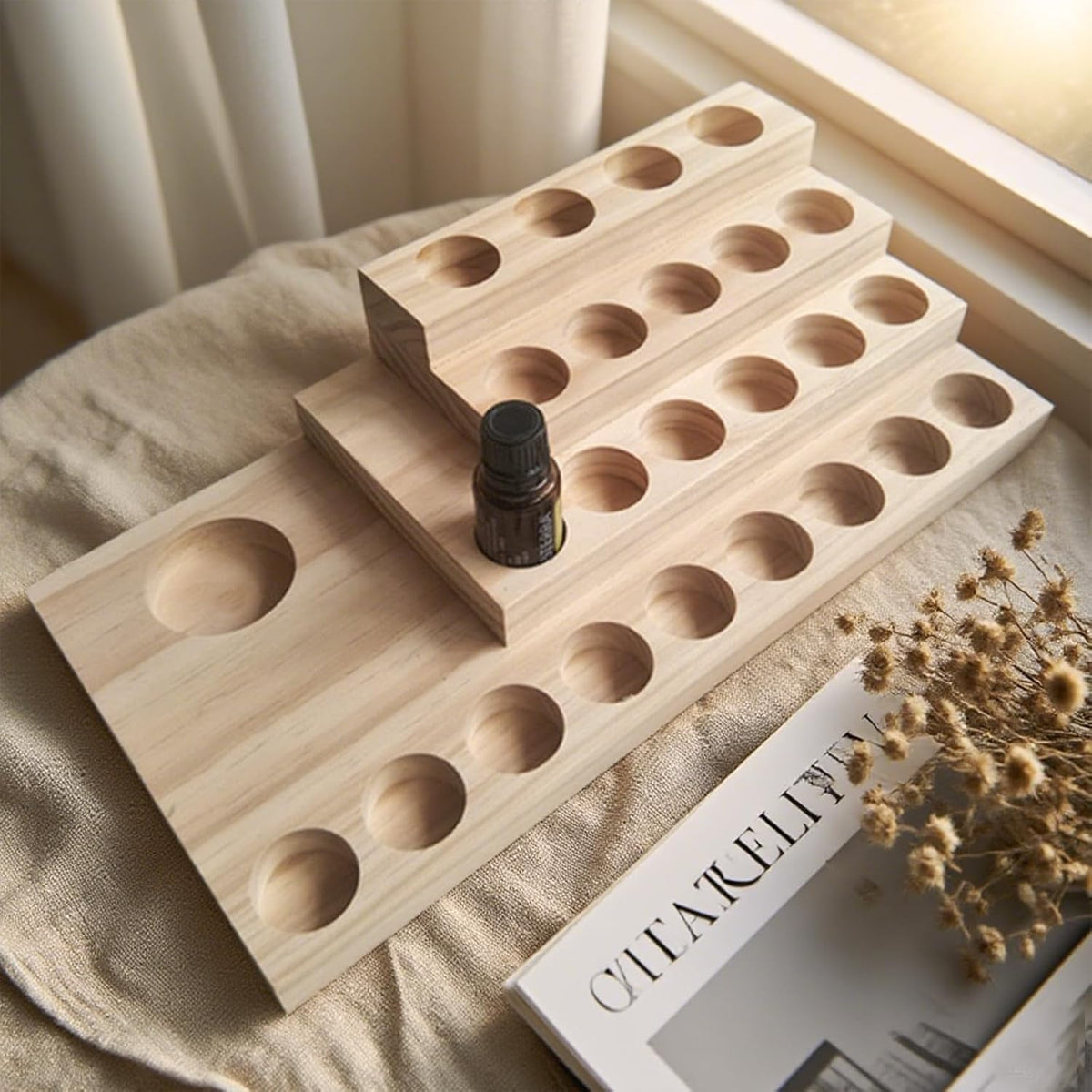 Essential Oil Display Stand 4 Tier Essential Oil Holder Solid Wood Essential Oil Rack for 24 Bottles Tabletop Display Holder Bottle Organizer for 5-20ml Bottles Display for Essential Oils