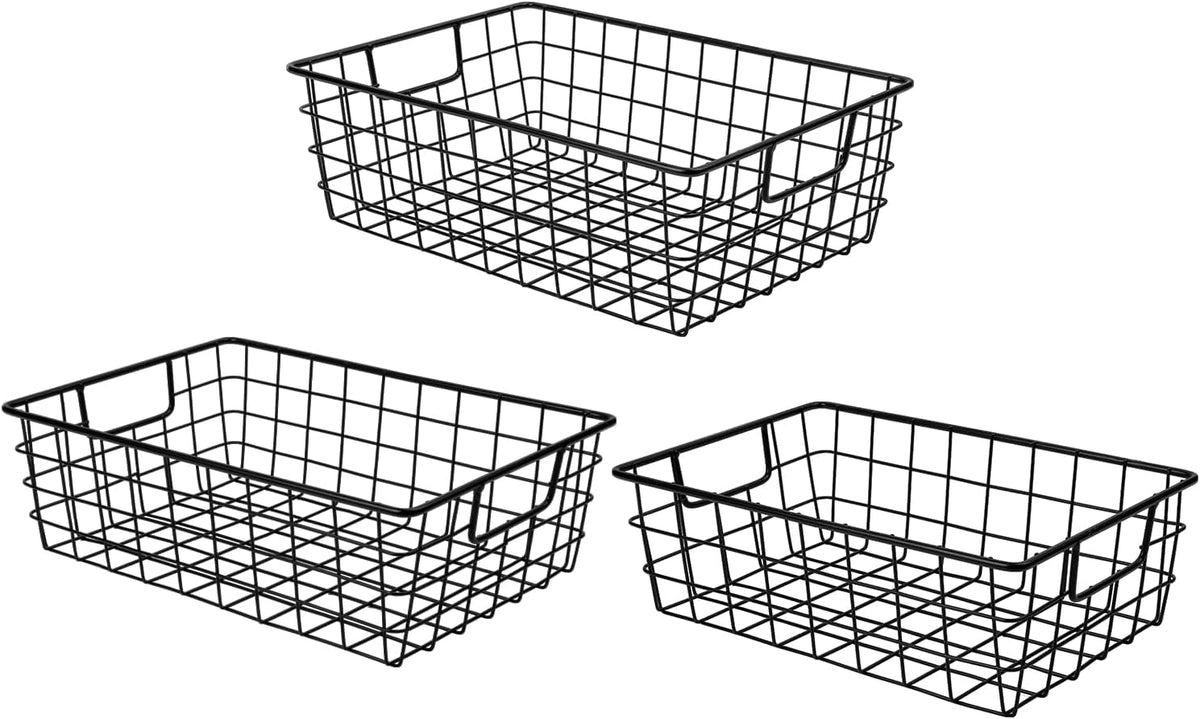 3 Pack Extra Large Wire Basket with Metal Handles, Metal Basket for organizers and storage, Wire Storage Baskets for Pantry, Cabinet, Fridge, Kitchen, Wardrobe, Garage, Bathroom, Black