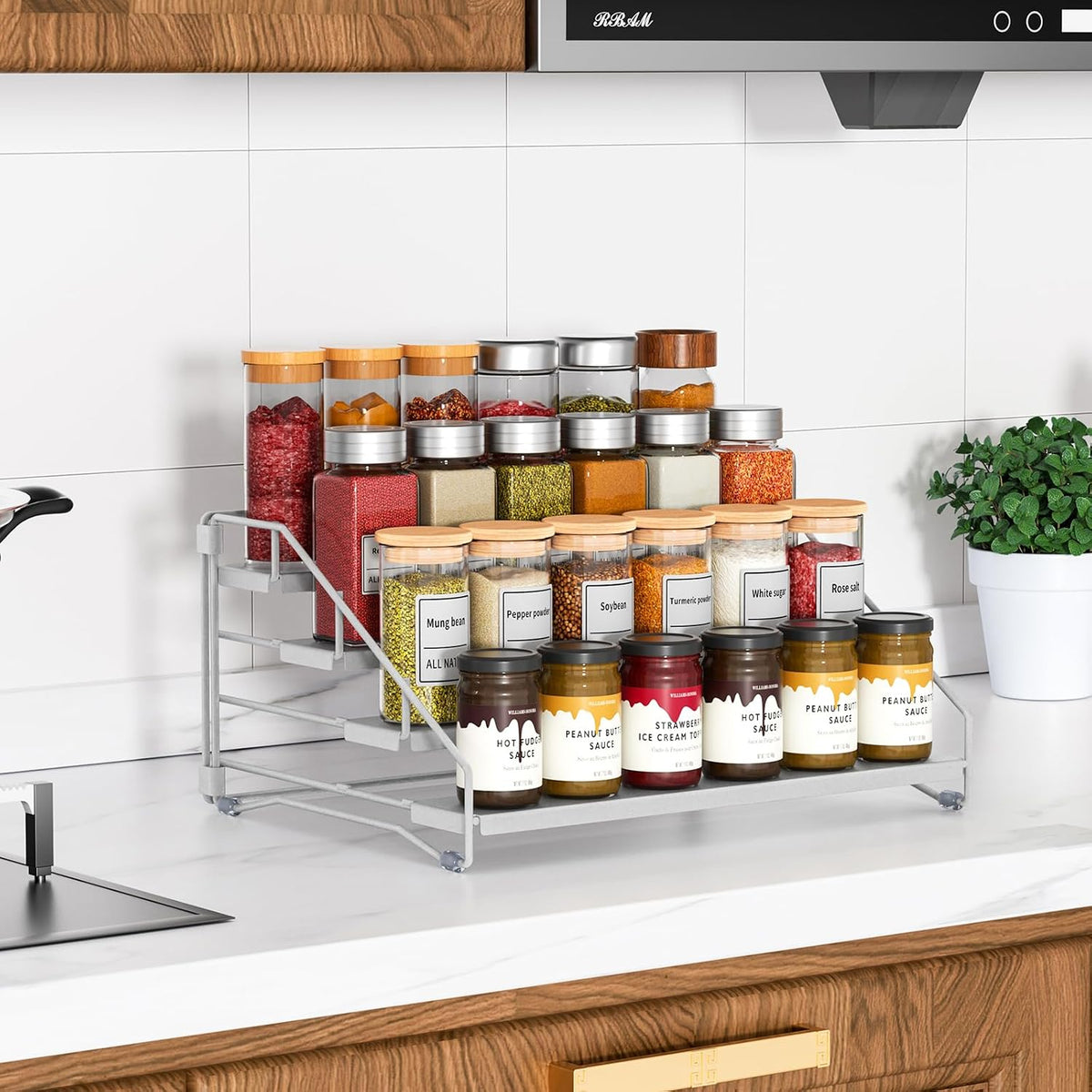 RCHYFEED Spice Rack Organizer for Cabinet Pantry,4 Tier Spice Rack Countertop, Depth Adjustable Spice Organization for Cabinet,Tierd Seasoning Organizer for Cabinet(Black) | for Cabinet Pantry