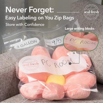 Seal Fresh 3 Gallon Large Plastic Storage Bags – 16" x 18" (15 Count) – Reusable XXL Extra Large Clear Jumbo Zip Bags with Sealable Zipper Top For Clothes, Travel, Moving