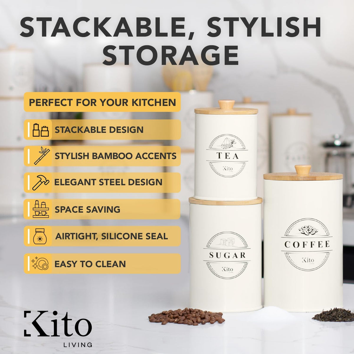Kito LIVING Canister Sets for Kitchen Counter with Wooden Bamboo Lids, Kitchen Canisters for Countertop, Stackable Steel Farmhouse Canisters for Potato Storage, Onion and Potato Storage Bins - Cream