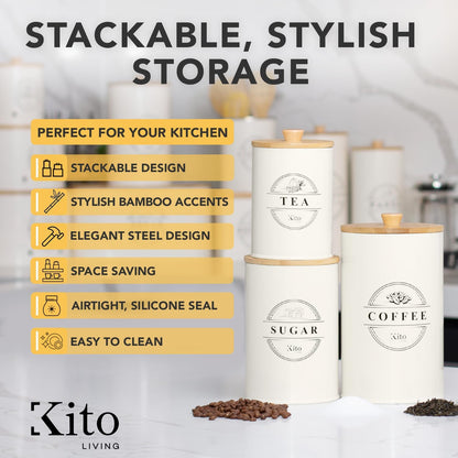 Kito LIVING Canister Sets for Kitchen Counter with Wooden Bamboo Lids, Kitchen Canisters for Countertop, Stackable Steel Farmhouse Canisters for Potato Storage, Onion and Potato Storage Bins - Cream