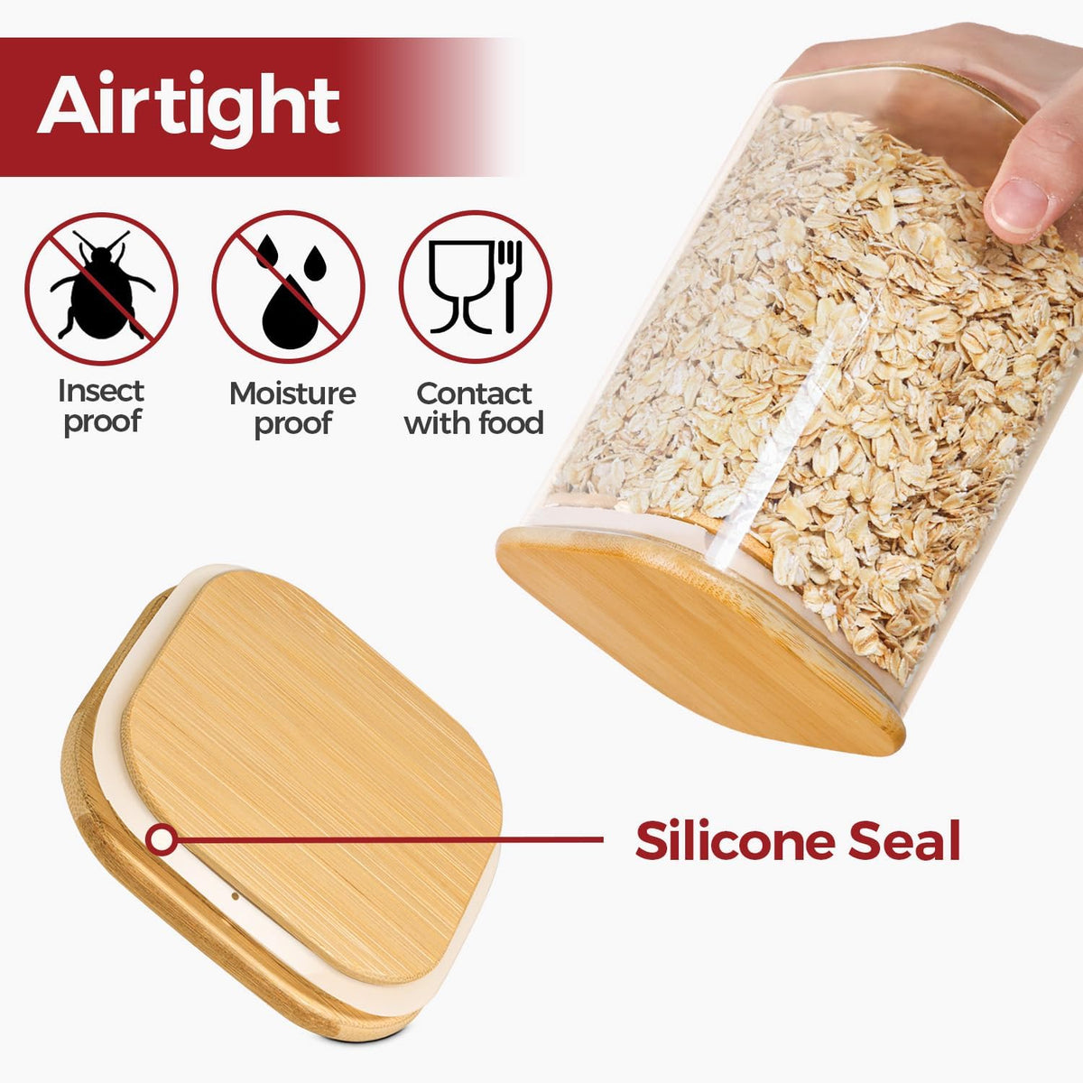 1Qt Airtight Glass Canisters with Bamboo Lid, Square Pantry Storage Containers for Coffee, Cookie, Candy, Snack, Nuts, Dry Goods - Kitchen & Pantry Organizers and Storage Containers