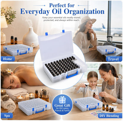 ALCYON Essential Oil Storage Case for 75 Bottles, Clear Plastic Organizer Box for 5ml 10ml 15ml Bottles, Essential Oils Bottle Holder with Removable Foam Insert, Stickers, Opener, Funnels & Pipettes
