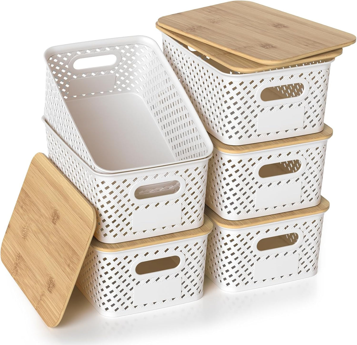 Plastic Storage Bins with Bamboo Lids, Stackable Small Box Baskets for Organizing and Containers for Shelves Drawers Desktop Closet Pantry Classroom Office Home, 6 Pack 10.2x7.2x4.1 Inch, Black
