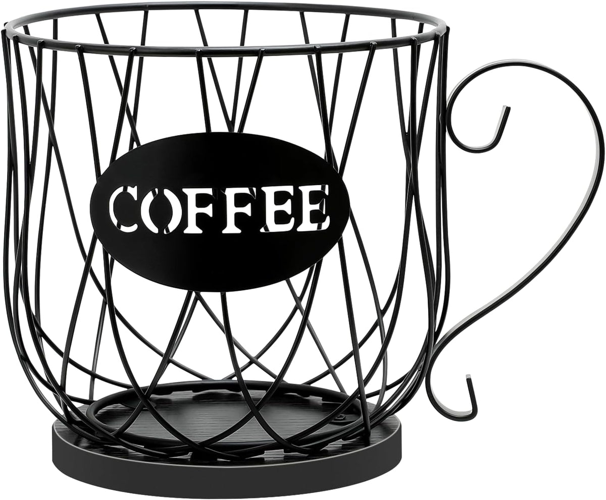 Coffee Pod Holder Organizer,Large Capacity K Cup Holder Organizer, Storage Basket for Kitchen Countertop Office Coffee Bar with Wooden Base(Rustic Brown-Square)