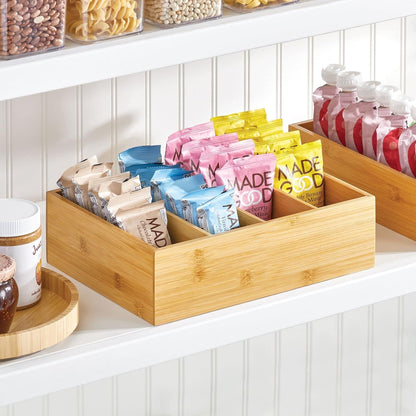 mDesign Bamboo Wood Compact Food Storage Organizer Bin Box - 4 Divided Sections - Holder for Seasoning Packets, Pouches, Soups, Spices, Snacks - Natural