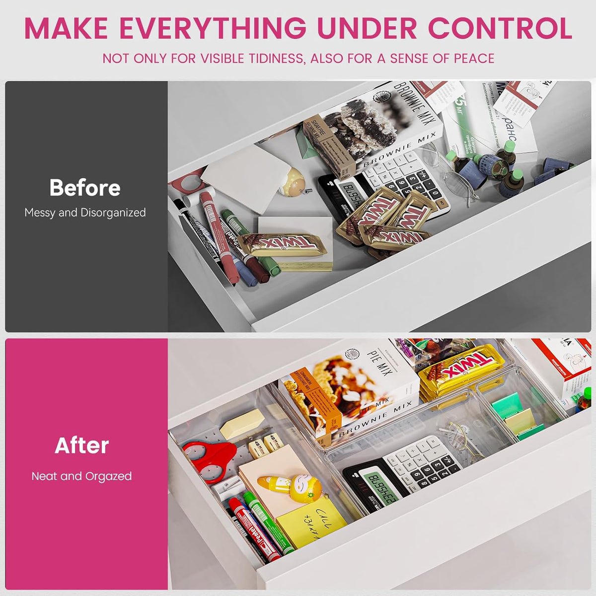 Criusia Large Drawer Organizer Bins | Complete 5 Size Clear Plastic Kitchen Drawer Organizers for Utensils | Bathroom Drawer Organizer Trays | Versatile for Makeup Office Organization