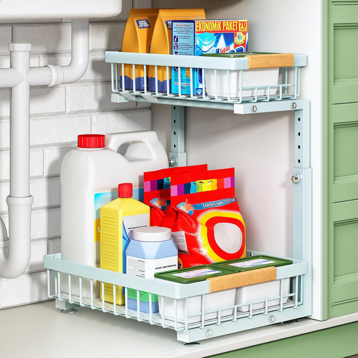 Kitstorack Under Sink Organizer, 2 Tier Under the Sink Storage, Slide out Pull out Cabinet Organizer Shelf, Metal Sliding Drawer for Kitchen Bathroom Pantry Closet Organization Rack, Black