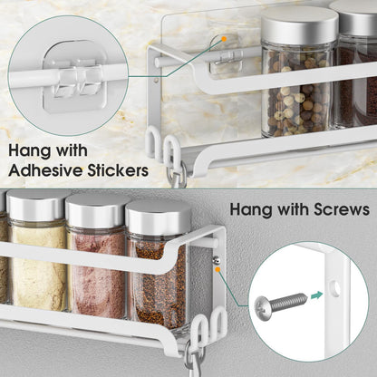 LUCYCAZ Wall Mounted Spice Rack with 8 Hooks, Spice Organizer Shelf for Stove Cabinet Pantry Door,Screw or Adhesive Spice Shelf Hanging Wall Spice Rack in Kitchen and RV (Black)