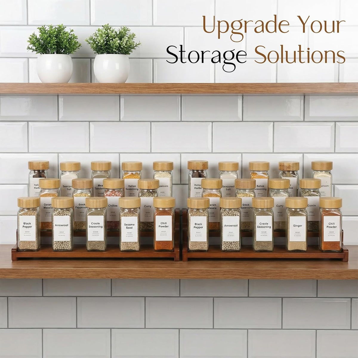 Spice Rack Organizer for Cabinet, 18in Bamboo Tiered Spice Rack，Used for Kitchen Countertops and Food Storage Room Organizer，Specially Designed for Jars and Spice Bottles(Bamboo, L)