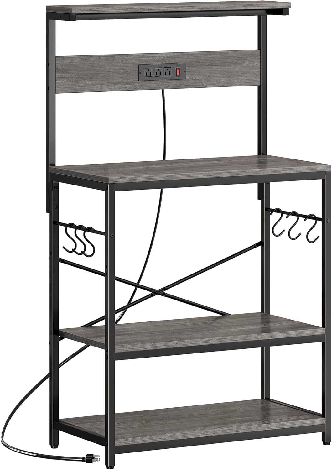 SUPERJARE Kitchen Bakers Rack with Power Outlet, Coffee Bar Table 4 Tiers, Kitchen Microwave Stand with 6 S-shaped Hooks, Storage Shelf Rack for Spices, Pots and Pans - Rustic Brown