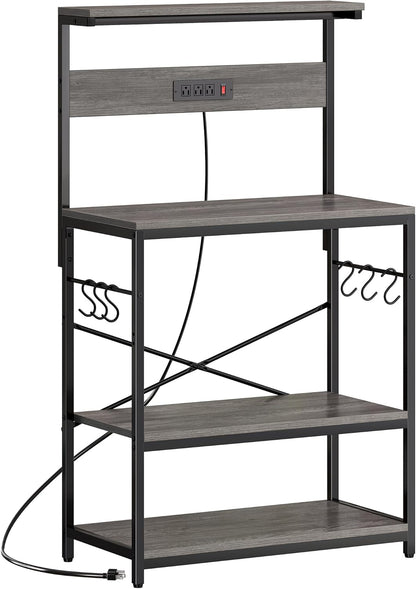 SUPERJARE Kitchen Bakers Rack with Power Outlet, Coffee Bar Table 4 Tiers, Kitchen Microwave Stand with 6 S-shaped Hooks, Storage Shelf Rack for Spices, Pots and Pans - Rustic Brown