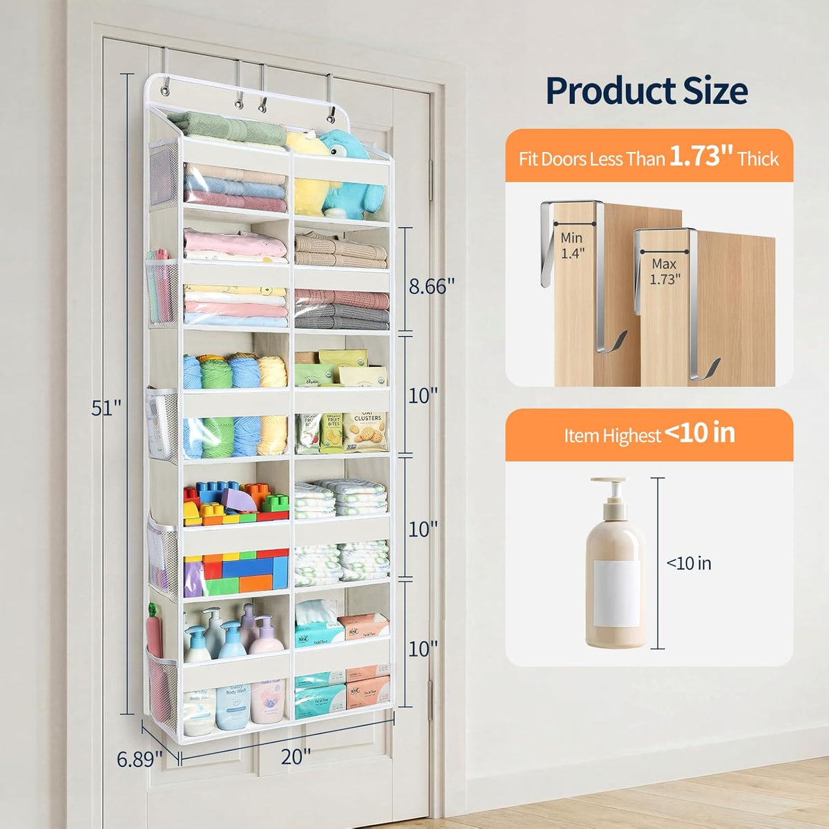 Yecaye Over The Door Organizer, 5 Tier Extra Large Behind Door Storage of 10 Compartments, 80lbs Heavy Duty Door Organizer Hanging with Clear Window for Closet Bedroom Pantry Bathroom, Grey