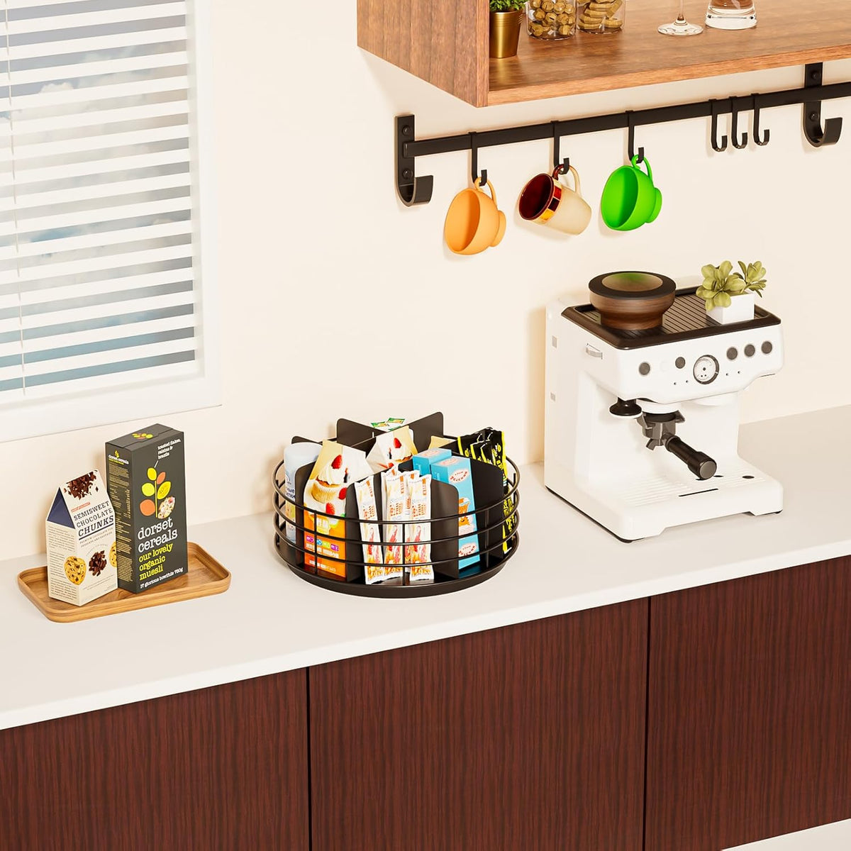 Snack Organizer - Versatile Snack Storage 2 Tier Lazy Susan with Convenient Grab-and-Go Design, Wood and Metal Snack Holder for Home, Office, Breakroom, 12.13" L x 12.13" W x 12.56" H