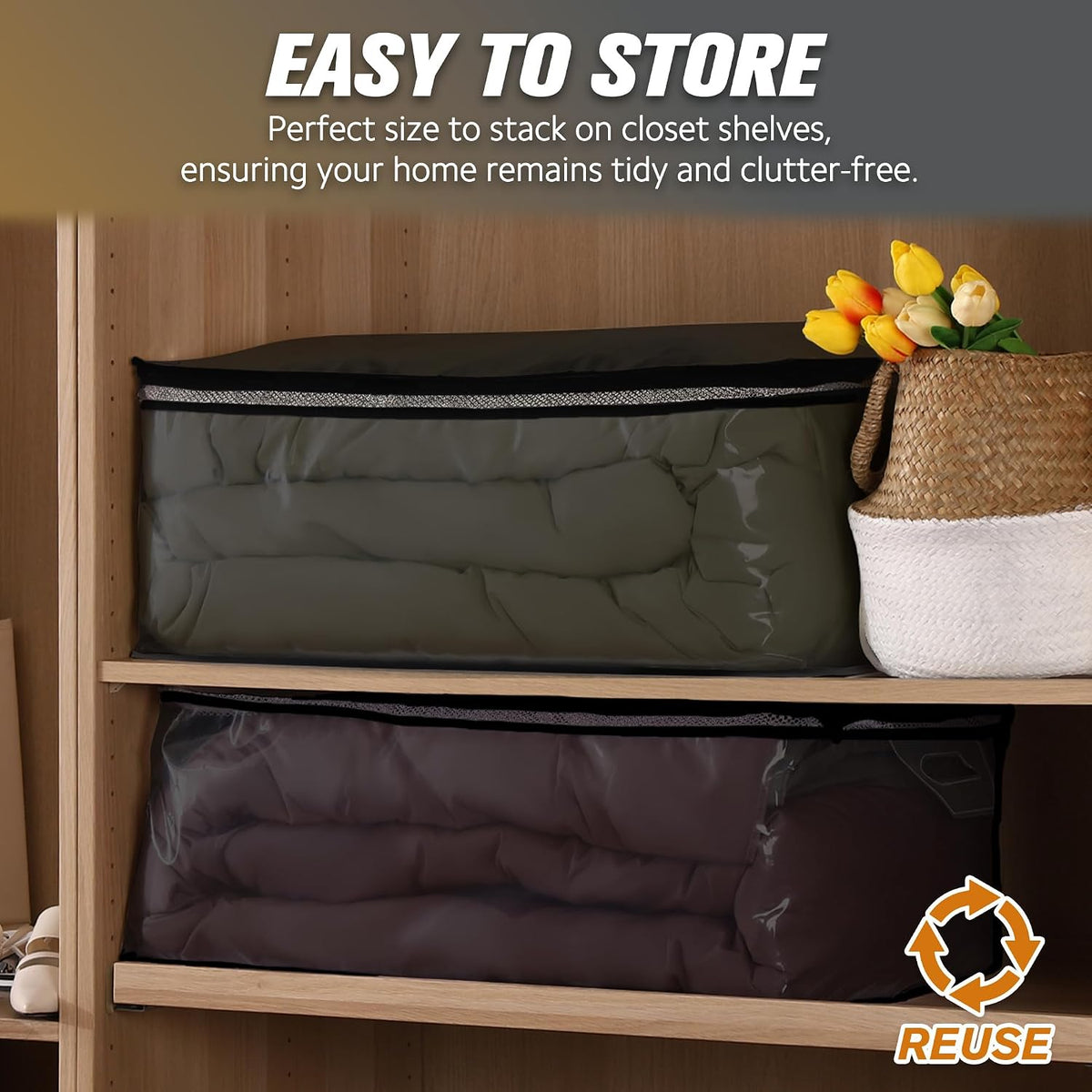 HIBAG 20 Gallon Large Storage Bag for Clothes, Zipper Clothing Storage Bag, Clear Organizer with Reinforced Handles, for Comforters Blankets Pillows Bedding