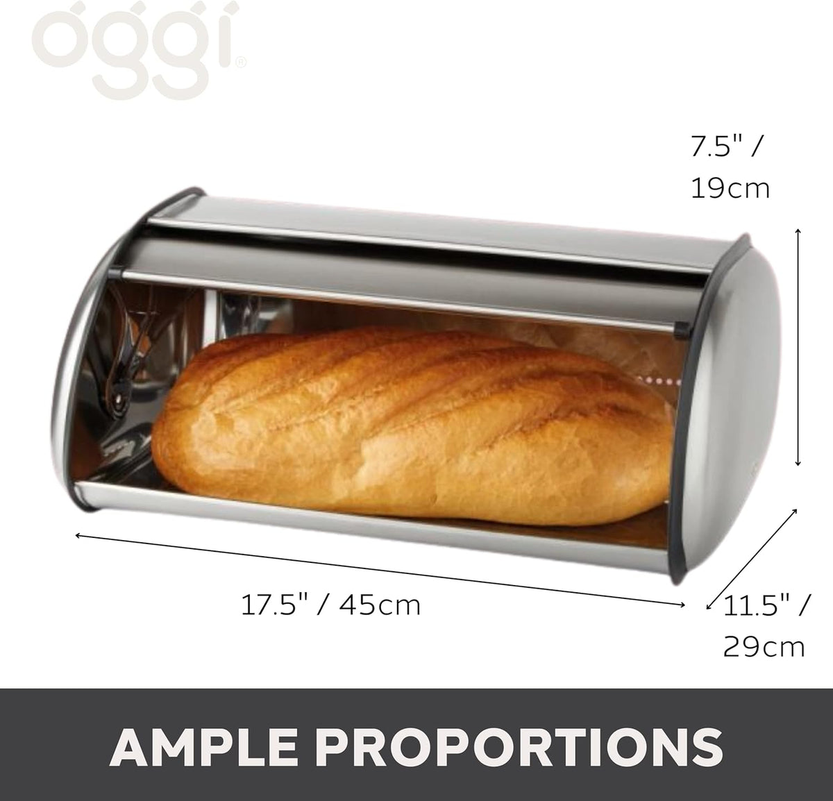 Oggi Stainless Steel Roll Top Bread Box for Kitchen Countertop with Tempered Glass Lid - Fits Multiple Large Loaves of Bread and Other Freshly Baked Goods Including Cookies, Bagels, Muffins