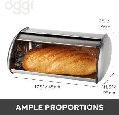 Oggi Stainless Steel Roll Top Bread Box for Kitchen Countertop with Tempered Glass Lid - Fits Multiple Large Loaves of Bread and Other Freshly Baked Goods Including Cookies, Bagels, Muffins