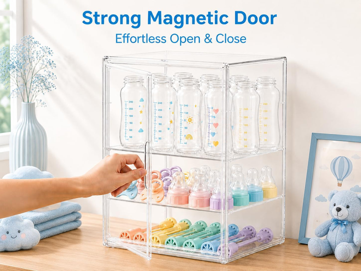 Baby Bottle Storage Organizer, Large 3 Tier Acrylic Bottle Storage Organizer Container for Countertop, Clear Plastic Bottle Station Organizers for Kitchen Cabinet Vanity Bathroom, Gifts for New Mom