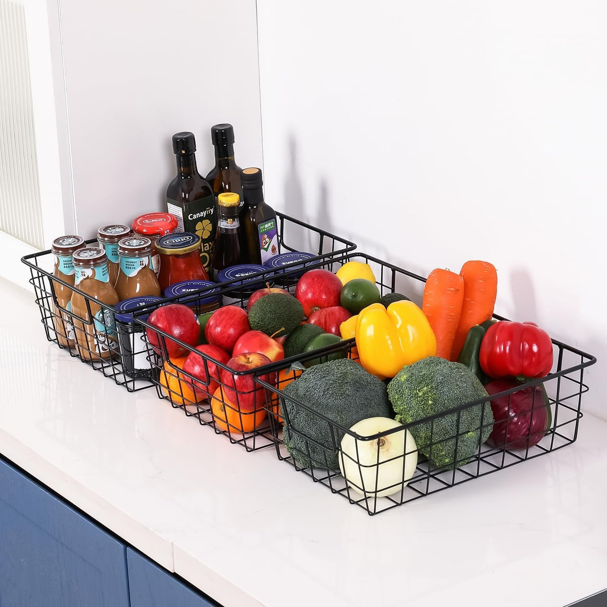 3 Pack Extra Large Wire Basket with Metal Handles, Metal Basket for organizers and storage, Wire Storage Baskets for Pantry, Cabinet, Fridge, Kitchen, Wardrobe, Garage, Bathroom, Black