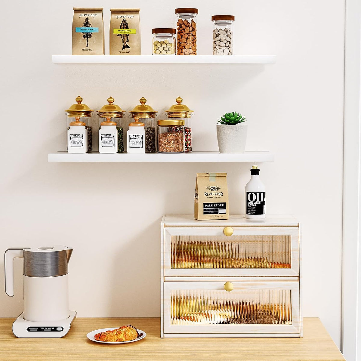 Bread Box for Kitchen Countertop,Extra Large 2 Layer Breadbox Wooden Farmhouse Bread Storage Container Bread Bin Bread Holder Food Organizer Pantry Shelf Acrylic Window(Black)