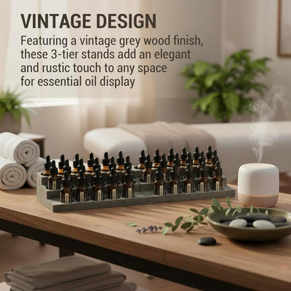 MyGift Vintage Gray Wood 3-Tier Essential Oil Display Stands, Countertop Organizer Rack for 17 Bottles Each