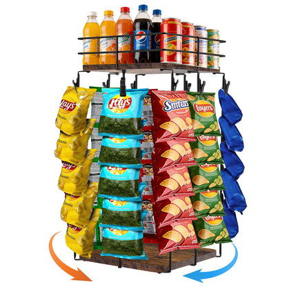 Chip Rack Display Stand, 5-Tier 360° Rotating Organizer with Top Storage Basket for Drinks & Spice Jars, 40 Clips & Snack Tray for Store, Kitchen, Party, Retail Countertop Snack Display (Square Base, Beige)