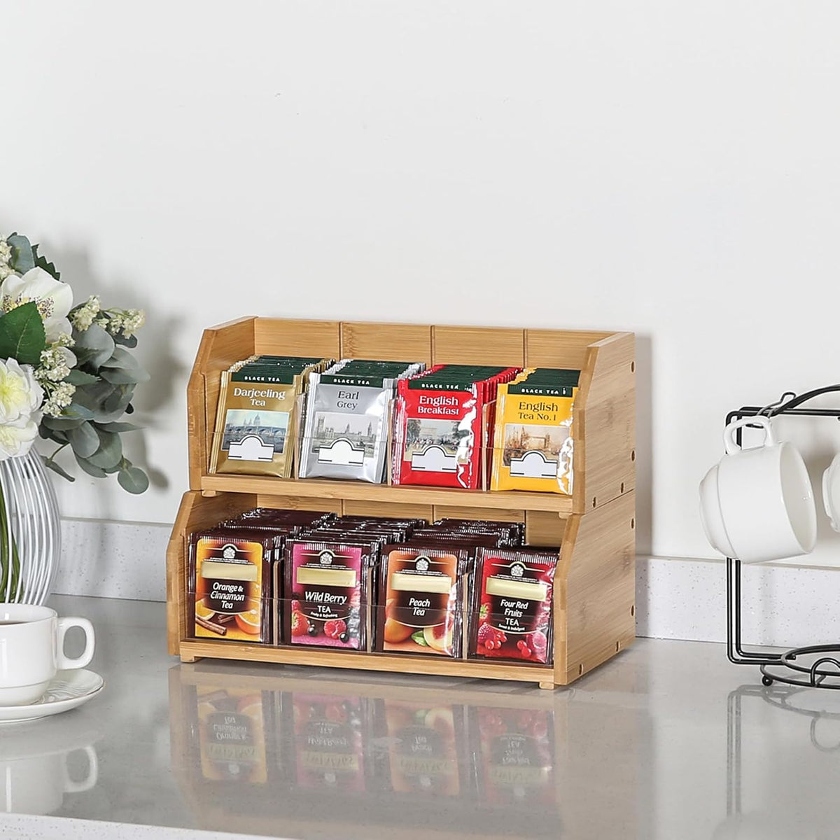 TIOPGHAD 3 Layer Stackable Bamboo Tea Bag Organizer Storage Holder for Tea Bags Wood Tea Box Containers Tea Rack Teabag Station Stand for Cabinet Countertop Office(Patented Design)