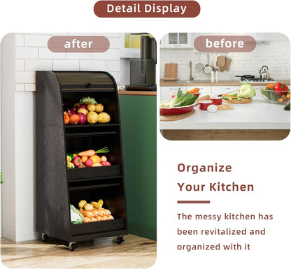 4 Tier Narrow Potato Storage Bin, Tall Wood Potato and Onion Storage Bin with Wheel, Movable Fruit and Vegetable Basket, Food Small Kitchen Pantry Cabinet, Wooden Bread Box, Walnut, Sliding Door