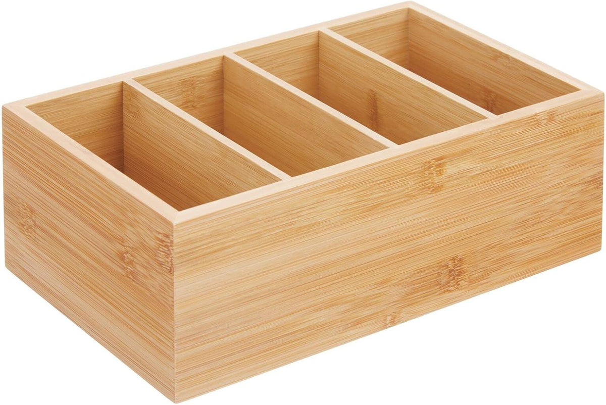 mDesign Bamboo Wood Compact Food Storage Organizer Bin Box - 4 Divided Sections - Holder for Seasoning Packets, Pouches, Soups, Spices, Snacks - Natural