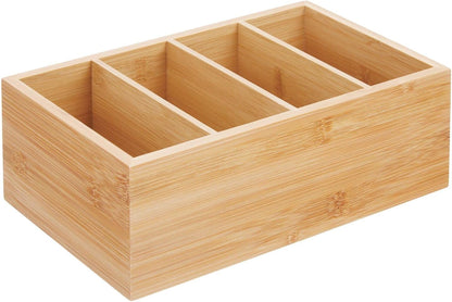 mDesign Bamboo Wood Compact Food Storage Organizer Bin Box - 4 Divided Sections - Holder for Seasoning Packets, Pouches, Soups, Spices, Snacks - Natural
