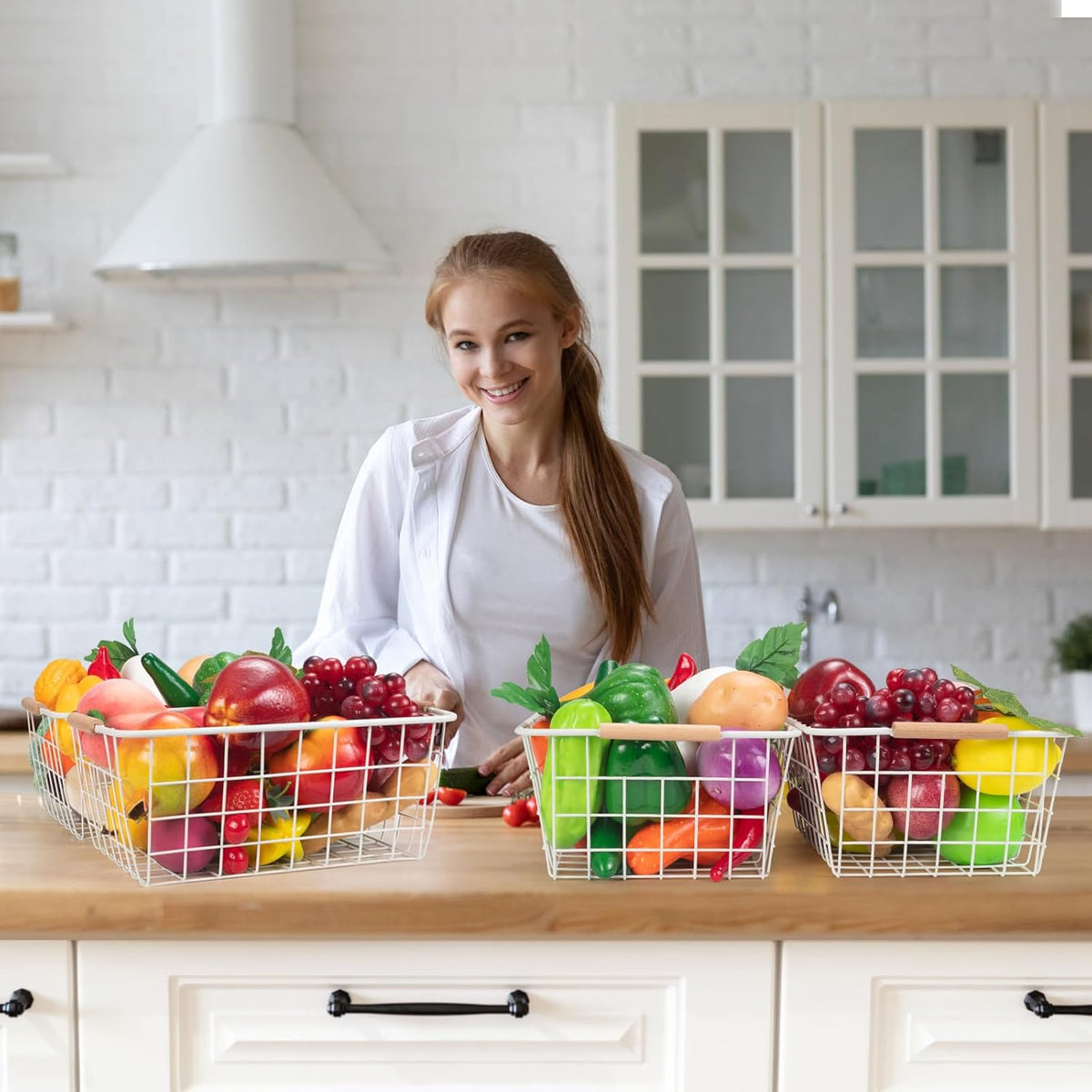Black Wire Storage Baskets with Wooden Handles - Organizing Pantry and Kitchen Cabinets - Metal Wire Food Storage Basket