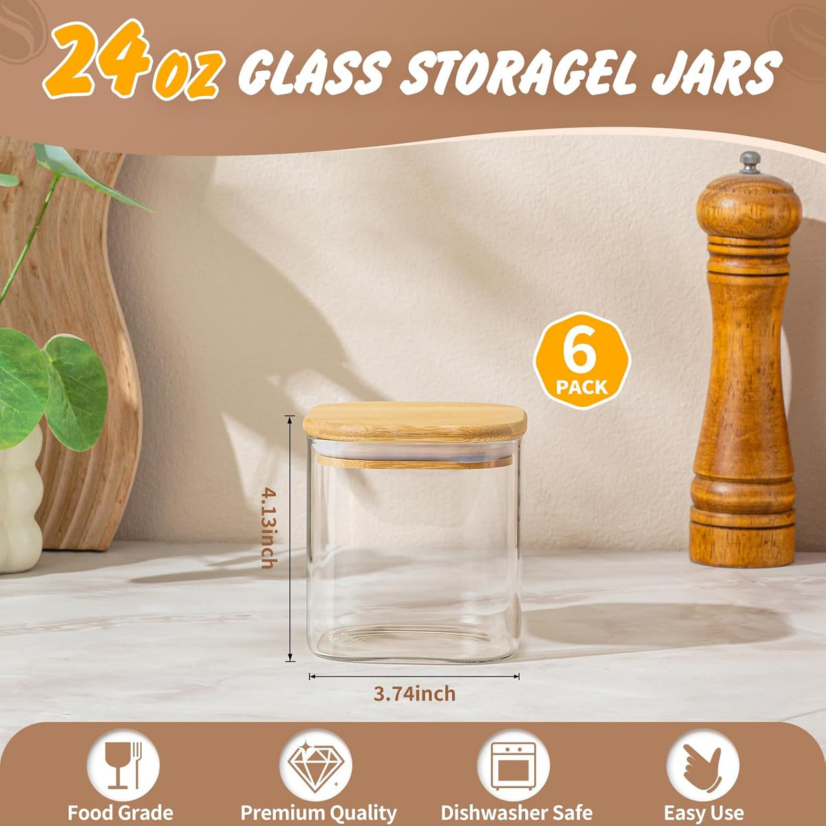 SENTVEND 37 Oz Glass Storage Jars with Bamboo Lids - 6 Pack Clear Glass Canisters Square Airtight Stackable Ideal for Pantry Storage Containers Organizers Great for Storing Oats Coffee Beans Nuts etc