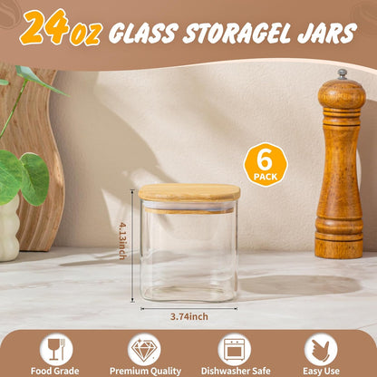 SENTVEND 37 Oz Glass Storage Jars with Bamboo Lids - 6 Pack Clear Glass Canisters Square Airtight Stackable Ideal for Pantry Storage Containers Organizers Great for Storing Oats Coffee Beans Nuts etc