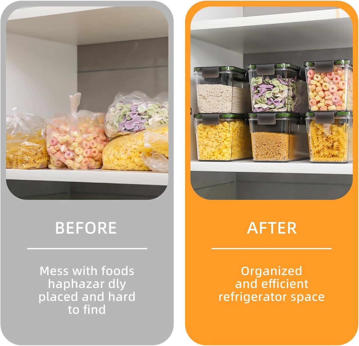 Horizontal Rice and Pasta Storage Containers, Set of 2 (5.2L) Airtight Kitchen Containers with Lids for Spaghetti, Crackers, Chips, Flour, and Noodles, Mouse-Proof Design